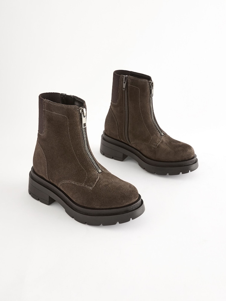 Brown Suede Zip Front Chunky Boots - Image 1 of 6