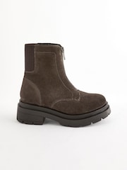 Brown Suede Zip Front Chunky Boots - Image 2 of 6
