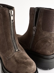 Brown Suede Zip Front Chunky Boots - Image 5 of 6