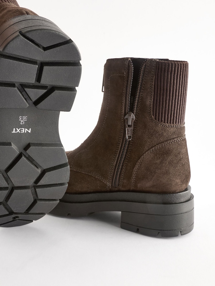 Brown Suede Zip Front Chunky Boots - Image 6 of 6