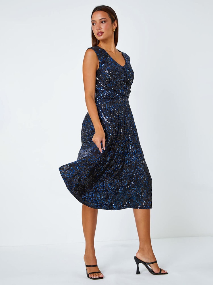 Roman Blue Sequin Twist Front Midi Stretch Dress - Image 1 of 5