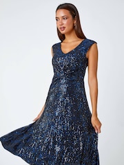 Roman Blue Sequin Twist Front Midi Stretch Dress - Image 2 of 5