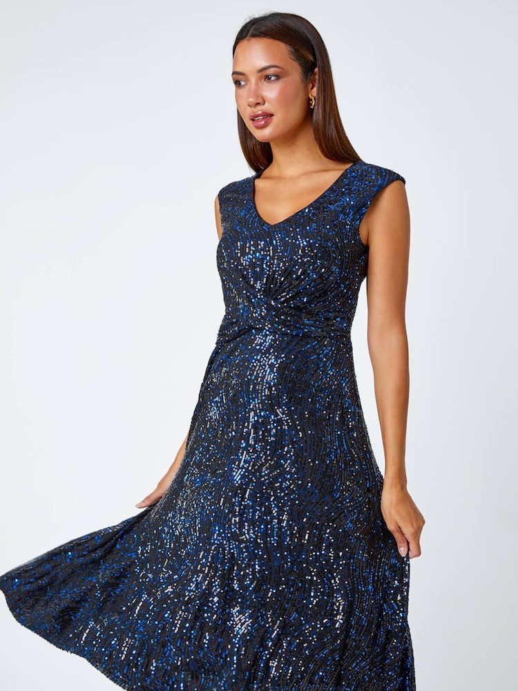 Roman Blue Sequin Twist Front Midi Stretch Dress - Image 2 of 5