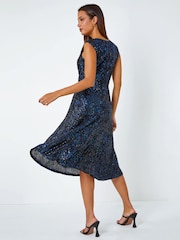 Roman Blue Sequin Twist Front Midi Stretch Dress - Image 3 of 5