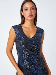 Roman Blue Sequin Twist Front Midi Stretch Dress - Image 4 of 5
