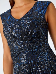 Roman Blue Sequin Twist Front Midi Stretch Dress - Image 5 of 5