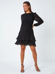 Roman Black Pleated Frill Hem Swing Dress - Image 1 of 5