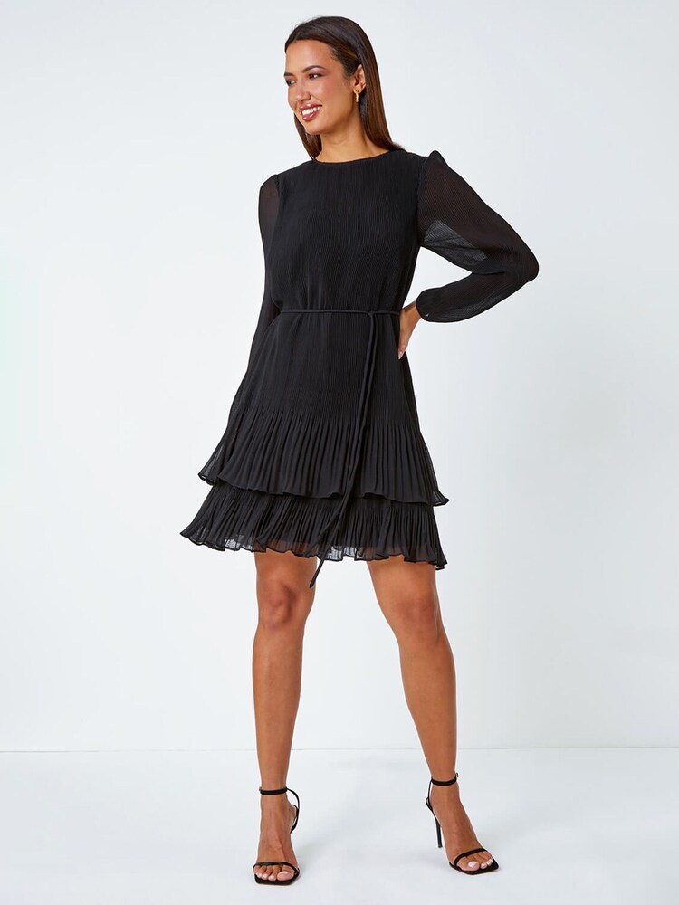 Roman Black Pleated Frill Hem Swing Dress - Image 1 of 5