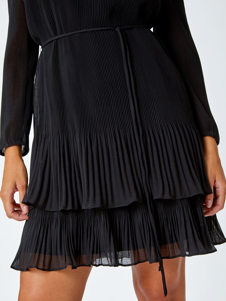 Roman Black Pleated Frill Hem Swing Dress - Image 5 of 5