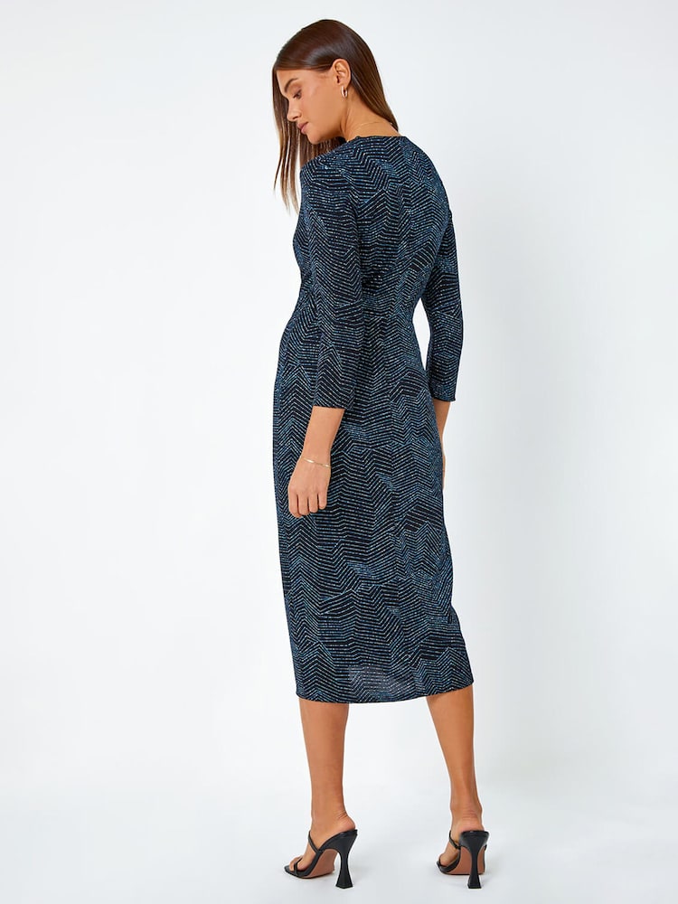 Roman Blue Glitter Print Midi Wrap Stretch Dress - Image 2 of 5 Roman Blue Glitter Print Midi Wrap Stretch Dress - Image 2 of 5
