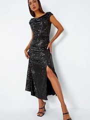 Roman Black Sequin Cowl Neck Stretch Maxi Dress - Image 1 of 5