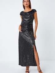 Roman Black Sequin Cowl Neck Stretch Maxi Dress - Image 2 of 5