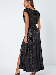 Roman Black Sequin Cowl Neck Stretch Maxi Dress - Image 3 of 5