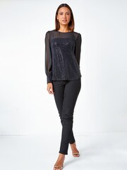 Roman Black Sequin Contrast Chiffon Sleeve Top - Image 1 of 5