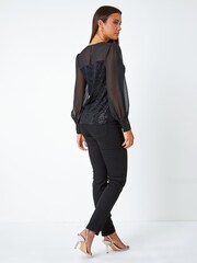Roman Black Sequin Contrast Chiffon Sleeve Top - Image 2 of 5