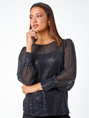 Roman Black Sequin Contrast Chiffon Sleeve Top - Image 3 of 5