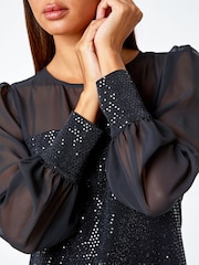 Roman Black Sequin Contrast Chiffon Sleeve Top - Image 5 of 5