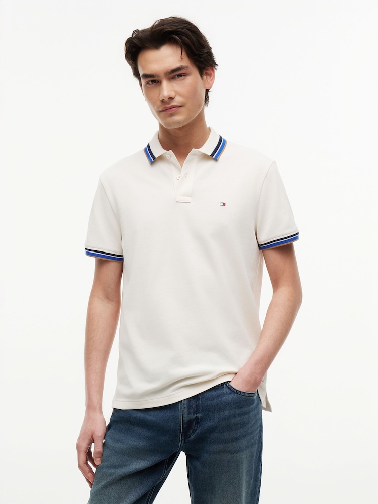 Tommy Hilfiger Cream Regular Fit Tipped Polo Shirt - Image 1 of 5