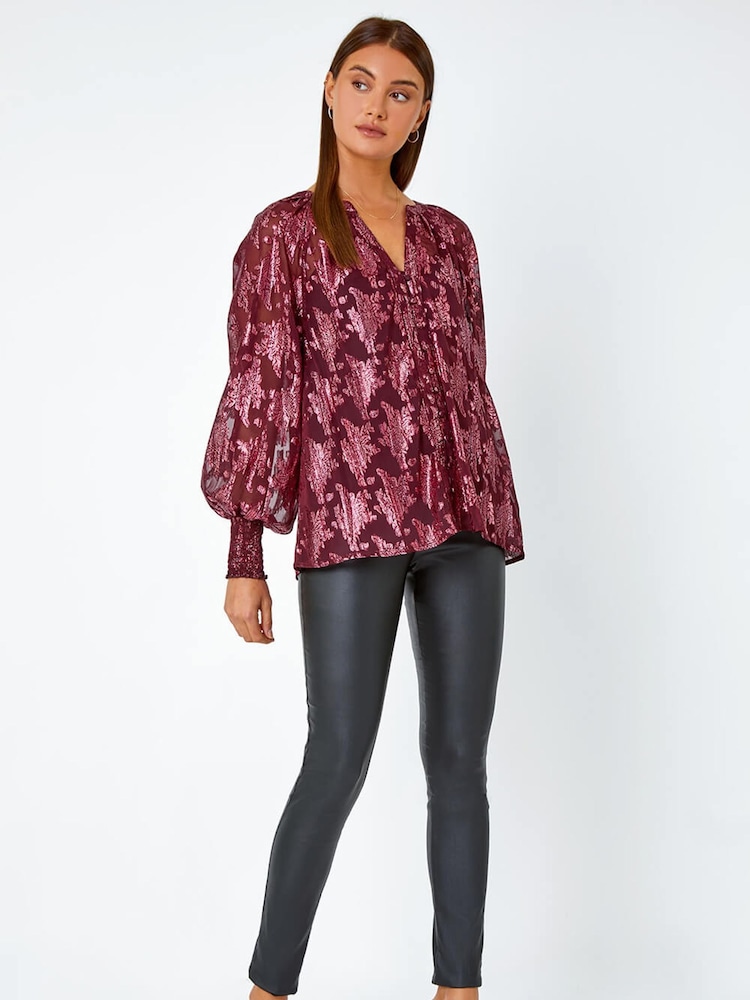 Roman Red Abstract Metallic Foil Print Blouse - Image 1 of 5