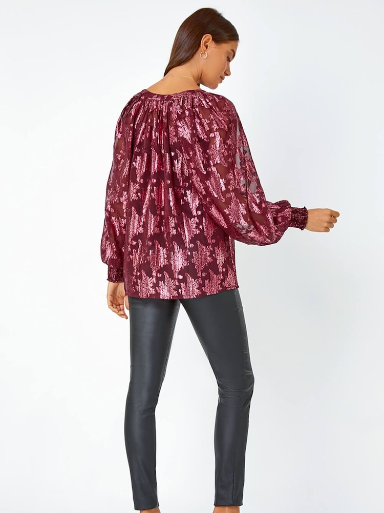 Roman Red Abstract Metallic Foil Print Blouse - Image 2 of 5