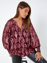 Roman Red Abstract Metallic Foil Print Blouse - Image 3 of 5