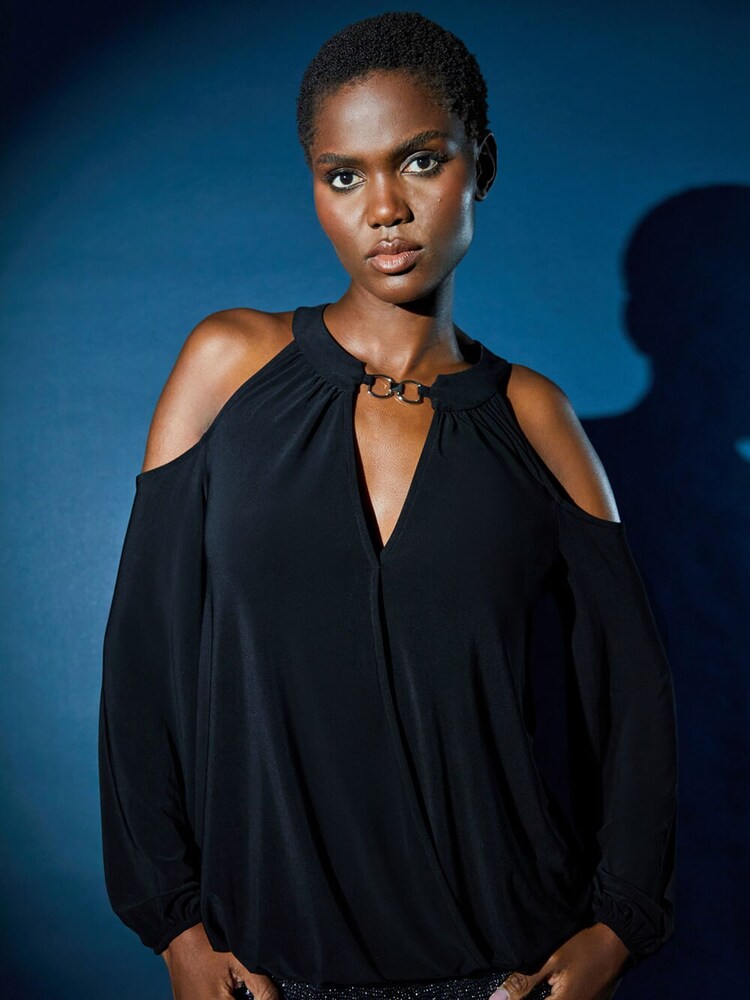 Roman Black Cold Shoulder Wrap Stretch Top - Image 1 of 5 Roman Black Cold Shoulder Wrap Stretch Top - Image 1 of 5