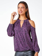 Roman Purple Animal Print Cold Shoulder Stretch Top - Image 1 of 1