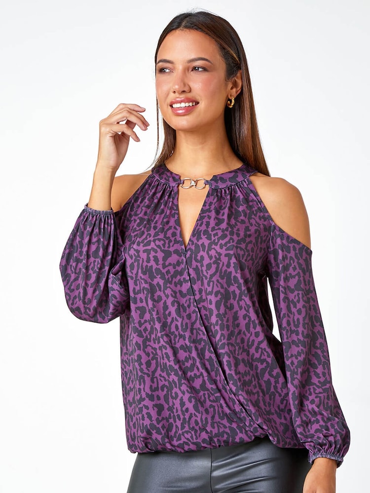 Roman Purple Animal Print Cold Shoulder Stretch Top - Image 1 of 1