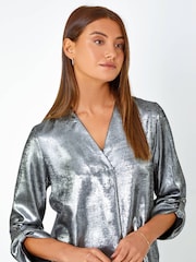 Roman Metallic Grey Pleat Detail Overshirt Top - Image 4 of 5