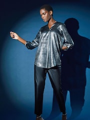 Roman Metallic Grey Pleat Detail Overshirt Top - Image 5 of 5