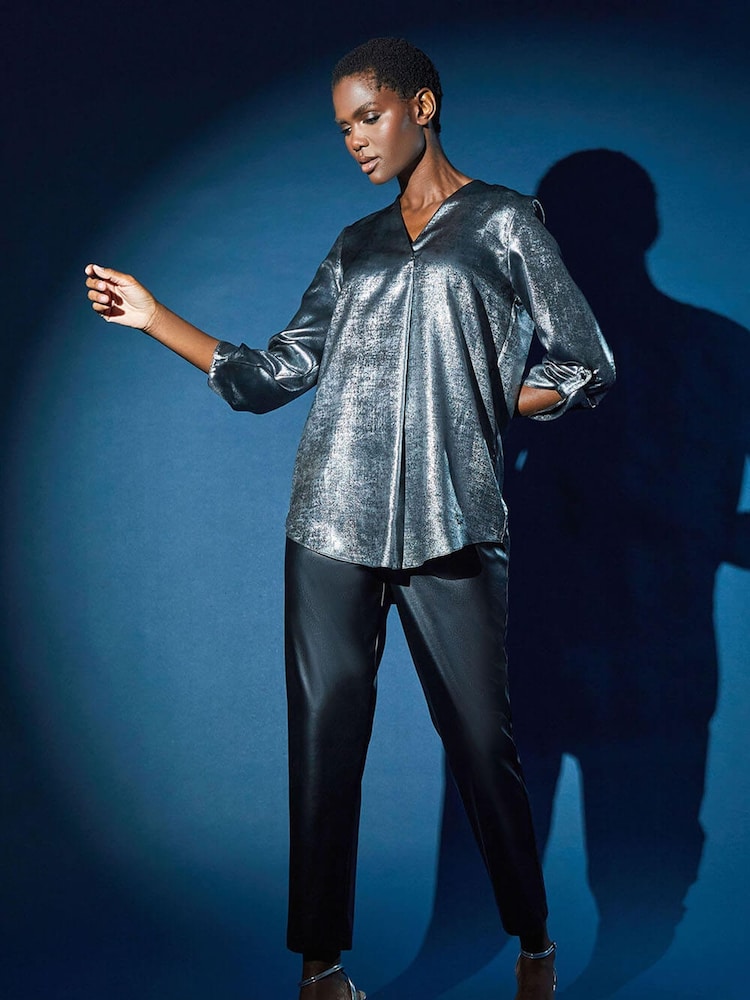 Roman Metallic Grey Pleat Detail Overshirt Top - Image 5 of 5