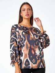 Roman Brown Abstract Print Blouson Sleeve Top - Image 1 of 5