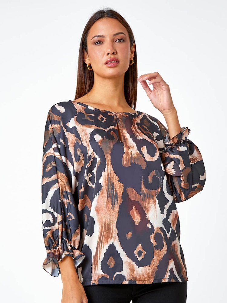 Roman Brown Abstract Print Blouson Sleeve Top - Image 1 of 5