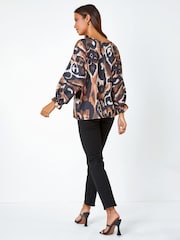 Roman Brown Abstract Print Blouson Sleeve Top - Image 2 of 5