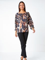 Roman Brown Abstract Print Blouson Sleeve Top - Image 3 of 5