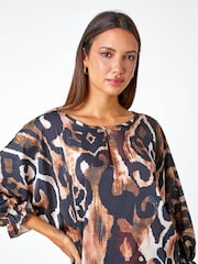 Roman Brown Abstract Print Blouson Sleeve Top - Image 4 of 5