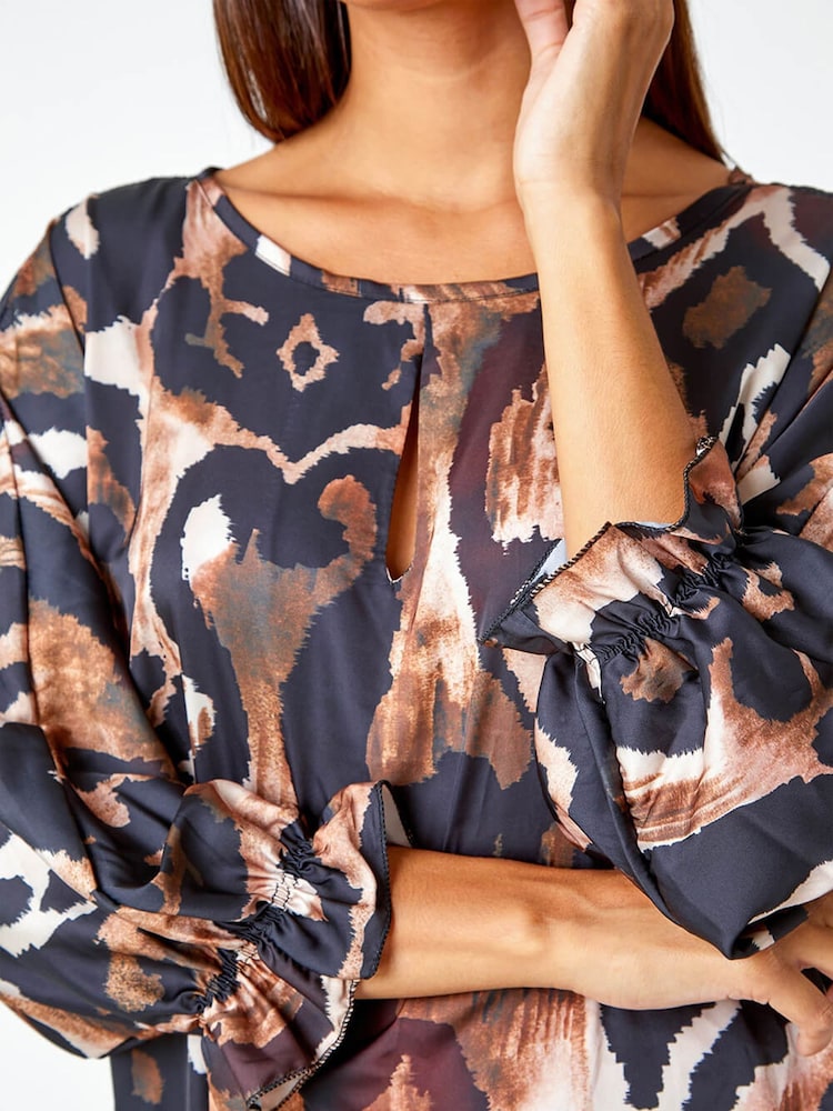 Roman Brown Abstract Print Blouson Sleeve Top - Image 5 of 5