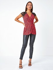 Roman Red Animal Lace Trim Stretch Wrap Top - Image 1 of 5