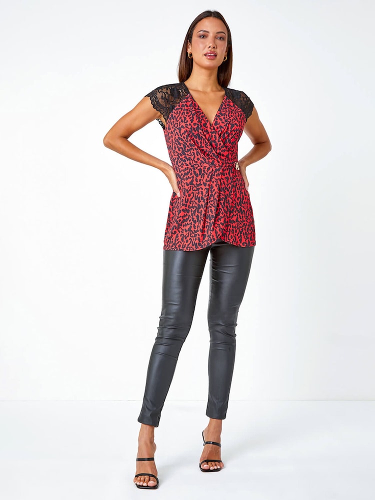 Roman Red Animal Lace Trim Stretch Wrap Top - Image 1 of 5