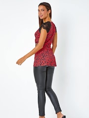 Roman Red Animal Lace Trim Stretch Wrap Top - Image 2 of 5