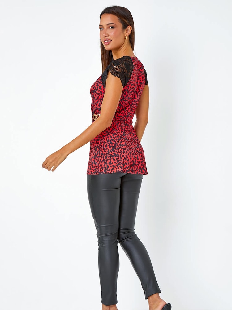 Roman Red Animal Lace Trim Stretch Wrap Top - Image 2 of 5
