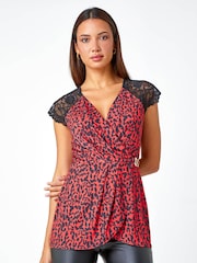 Roman Red Animal Lace Trim Stretch Wrap Top - Image 3 of 5