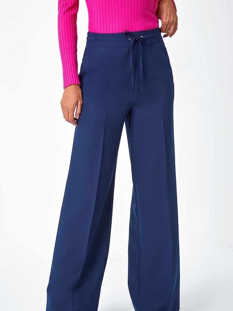 Roman Blue Wide Leg Tie Front Stretch Trousers - Image 1 of 5 Roman Blue Wide Leg Tie Front Stretch Trousers - Image 1 of 5