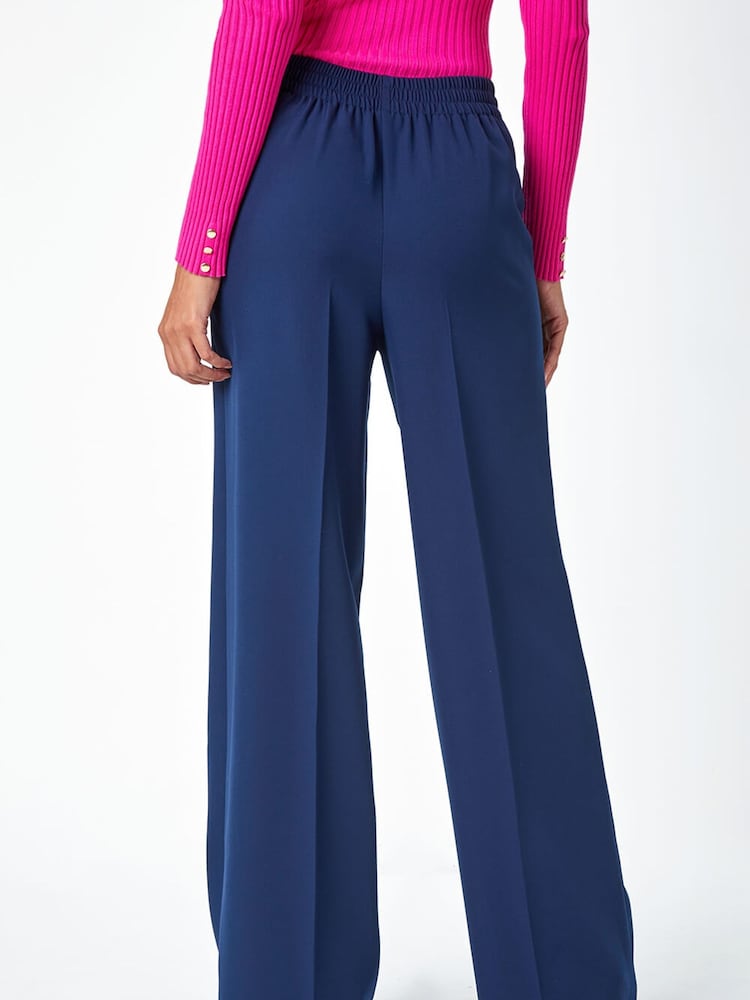 Roman Blue Wide Leg Tie Front Stretch Trousers - Image 2 of 5 Roman Blue Wide Leg Tie Front Stretch Trousers - Image 2 of 5