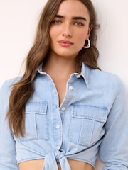 Bleach Tie Front Cropped Denim Shirt - Image 1 of 6