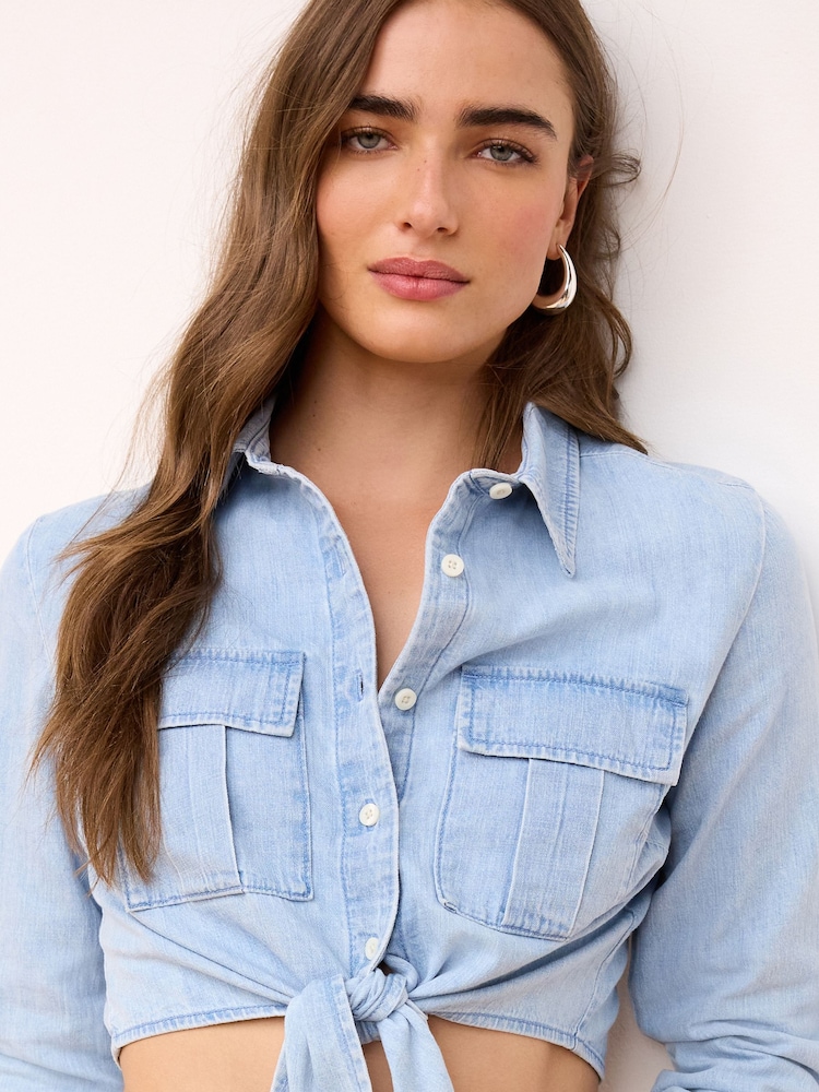 Bleach Tie Front Cropped Denim Shirt - Image 1 of 6