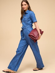 Mid Blue Lightweight Denim Wide Leg Jumpsuit - Image 2 of 6