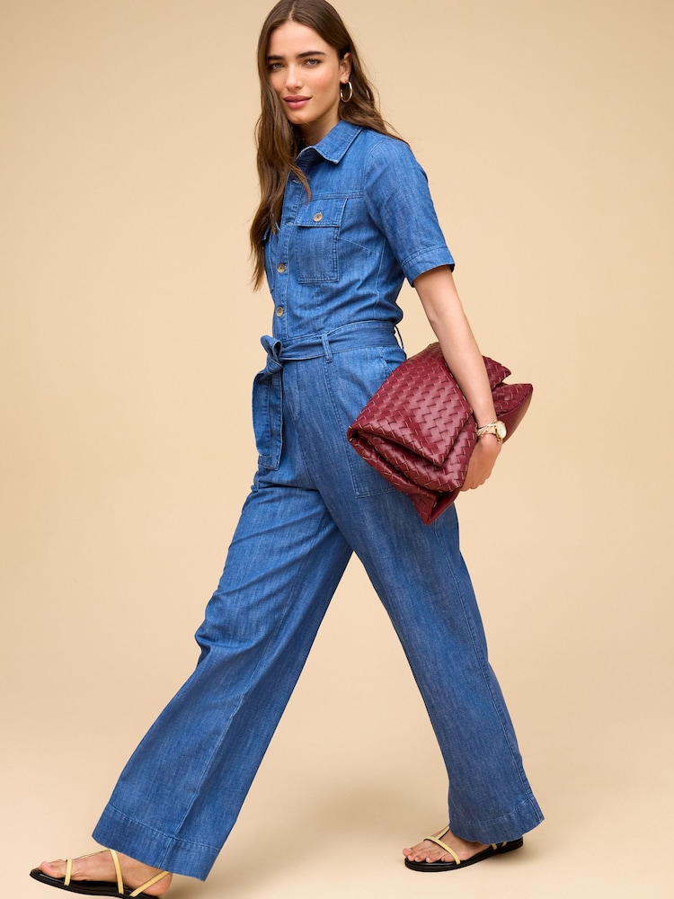 Mid Blue Lightweight Denim Wide Leg Jumpsuit - Image 2 of 6