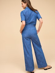 Mid Blue Lightweight Denim Wide Leg Jumpsuit - Image 3 of 6
