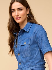 Mid Blue Lightweight Denim Wide Leg Jumpsuit - Image 4 of 6